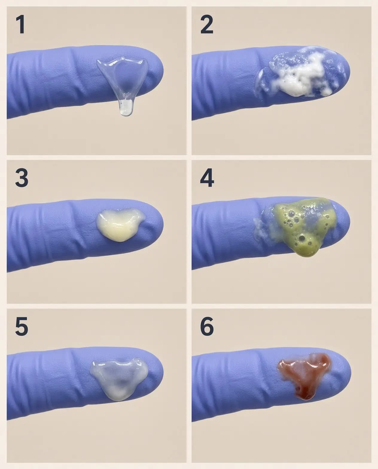 Vergleichstabelle der Ausflussfarben: 1 klar, 2 weiß und krümelig, 3 blassgelb, 4 grün-gelb und schaumig, 5 grau, 6 rot-braun