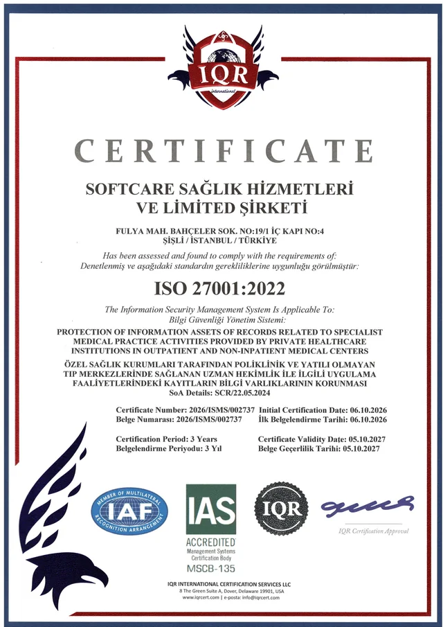 SoftCare Clinic ISO/IEC 27001:2022 belgesi
